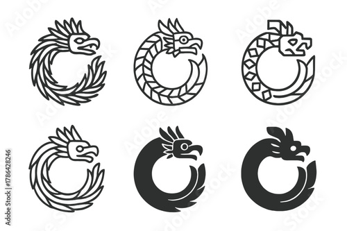 Quetzalcoatl Emblem Designs. Ancient gods and goddesses in a mystical landscape. Set Logo of Ancient gods and goddesses in a mystical landscape: Quetzalcoatl