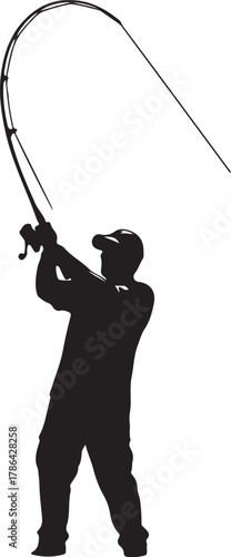 Silhouette of a man fishing with a bent fishing rod and reel on a white background angler fisherman on transparent background
