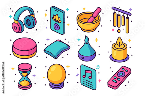 Colorful Meditation Icons. Guided meditation tools. Colorful isometric vector icons set of guided meditation tools: studio headphones, smartphone app screen,
