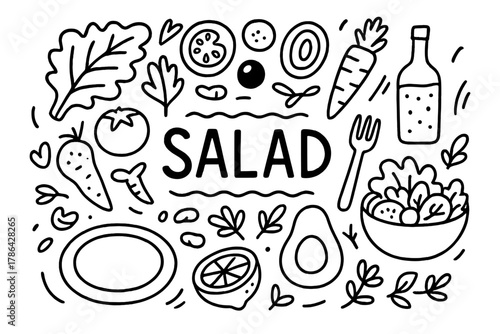 Salad Doodle Arrangement. Salad. Hand-drawn doodle illustration of salad. Lettuce, tomato, cucumber, onion,