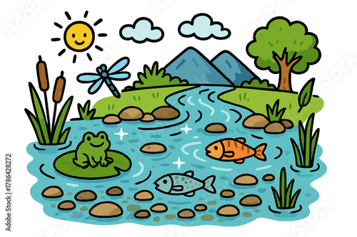 Cartoon River Doodle. Clear river. Colorful Hand-drawn doodle Children illustration Clear river flowing water, smooth stones, fish, reeds, dragonfly, sunlight
