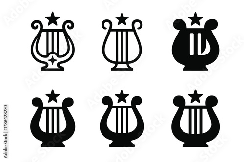 Lyra Constellation Logos. Lyra constellation. Set Logo of Lyra constellation: lyre harp with star. harmonious logo variations of the same emblematic concept,
