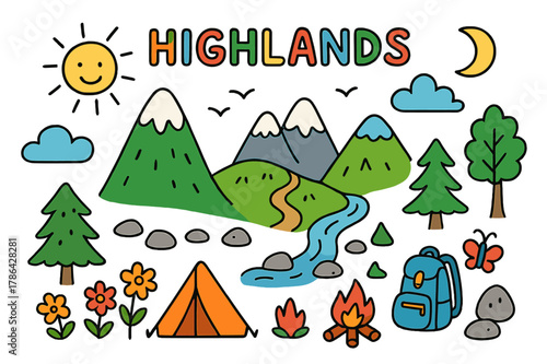 Highlands Children's Drawing. highlands. Colorful Hand-drawn doodle Children illustration highlands mountains, hills, trees, river, sun, clouds, birds, rocks,