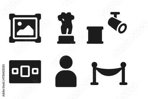 Art Gallery Icons. Art gallery. Filled icon set of Art gallery: frame, sculpture, pedestal, spotlight, wall,