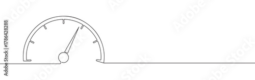 A continuous line art depiction of a speedometer or gauge with its needle indicating a specific value, isolated on a white background