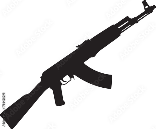 Silhouette of an AK-47 assault rifle with a curved magazine on a white background AK-47 firearm on transparent background
