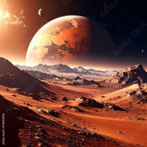 Vast, reddish landscape with celestial bodies in an atmosphere