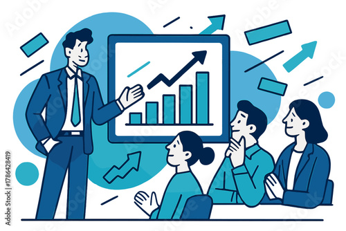 Dynamic Business Presentation. Presentation Time. A professional presents a chart on a glowing screen while