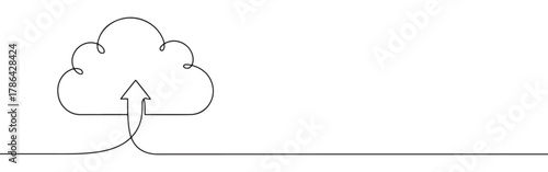 A continuous line art depiction of a cloud with an upward-pointing arrow, symbolizing cloud upload, data transfer, or digital storage, isolated on a white background