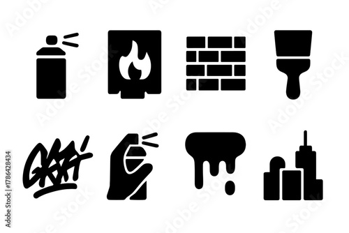 Street Art Icons. Street art. Filled icon set of street art: spray can, stencil, wall, brush, graffiti tag,