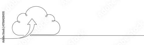 A continuous line art depiction of a cloud with an upward-pointing arrow, symbolizing cloud upload, data transfer, or digital storage, isolated on a white background