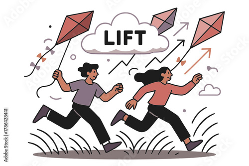 Kite-Filled Sky. Kite flying afternoon. Two figures run as bright kites carve zigzag arrows into the sky; ?Lift? stretches across a cloud. Grass bends in waves