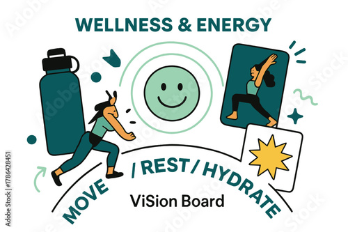 Energy and Wellness Icons. Vision Board ? Wellness & Energy. A water bottle, sun, and yoga pose card cluster in a gentle arc; text ?Move / Rest / Hydrate?.