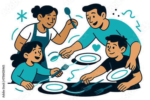 Teamwork in Meal Prep. Interactive meal prep. Children and adults placing utensils and plates together,