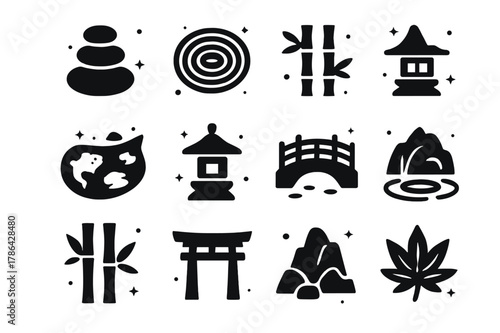 Japanese Garden Icons. Japanese Garden Path. Solid icons set of Japanese Garden Path: zen stones, raked sand, bamboo fence, koi pond, pagoda lantern, bridge