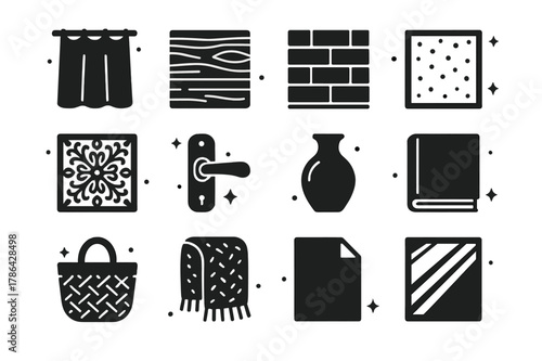 Icons of Texture. Window Light and Textures. Solid icons set of Window Light and Textures: linen curtain, wood grain sill, brick wall, frosted glass, lace