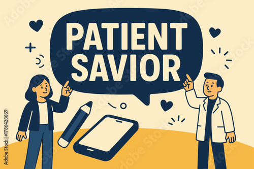 Bold Savior Banner. Patient Savior banner, flat vector illustration, bold oversized text inside rounded blob banner, cartoon characters standing and pointing