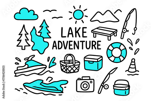 Lake Adventure Doodle. // Lake adventure. Hand-drawn doodle illustration Lake adventure [jet ski, lake outline (accented), pine trees, dock (accented), life