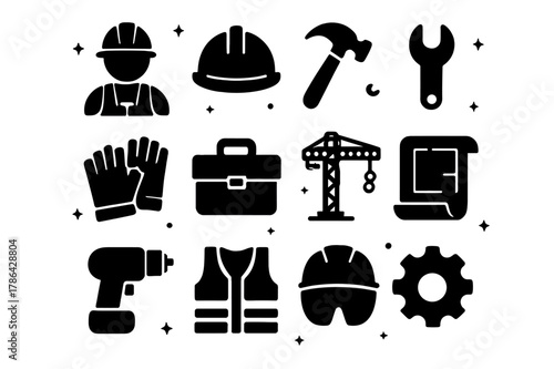 Skilled Labor Icons. Skilled Labor. Solid icons set of Skilled Labor: construction worker, hard hat, hammer, wrench, gloves, toolbox, crane, blueprint, drill,