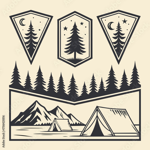 Vintage Outdoor Camping and Adventure Badges Set Vector, Retro Monochrome Forest Mountain and Tent Labels, Wilderness Emblems Collection