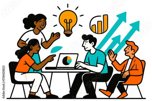 Collaborative Innovation Hub. Innovation hubs. Startup teams collaborating in co-working spaces with floating