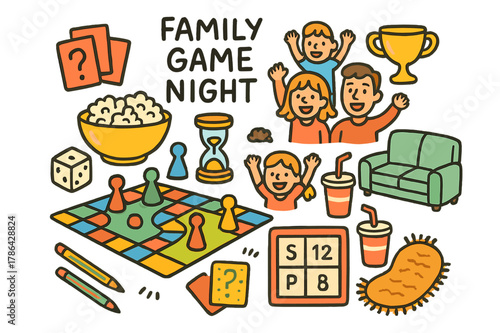 Family Game Night Fun. Family game night. Colorful Hand-drawn doodle Children illustration Family game night game board, dice, cards, pawns, timer, popcorn