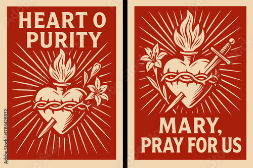 Immaculate Heart Banners. Immaculate Heart. Two vertical A6 banners with safe margins, centered composition, no elements touching edges, bold, red and beige,