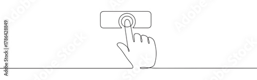 A continuous line art depiction of a human hand pressing or interacting with a rectangular button or touch screen, isolated on a white background