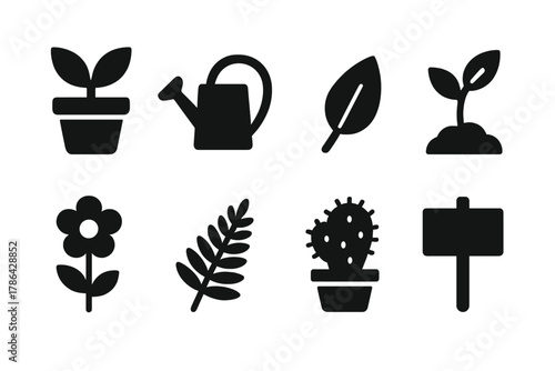 Black Plant Icons. Plant collection. Filled icon set of plant collection: plant pot, watering can, leaf,