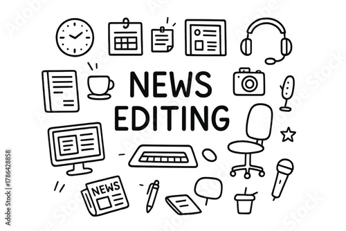 News Editing Doodle. News Editing. Hand-drawn doodle illustration of News Editing. computer monitor, keyboard,
