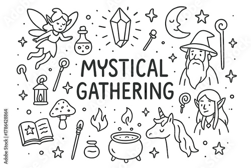 Mystical Gathering Doodle. Mystical Gathering. Hand-drawn doodle illustration of Mystical Gathering. glowing