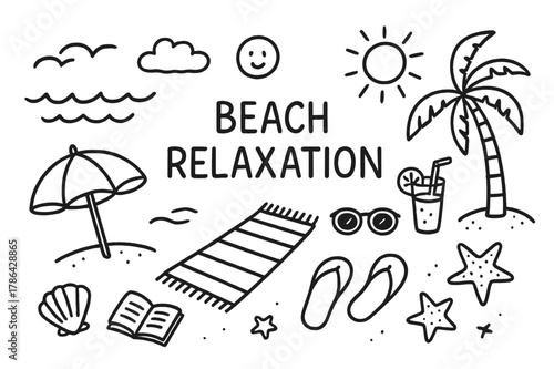 Beach Doodle Icons. Beach relaxation. Hand-drawn doodle illustration beach relaxation umbrella, towel, waves, palm tree, sun, seashell, drink, sunglasses,