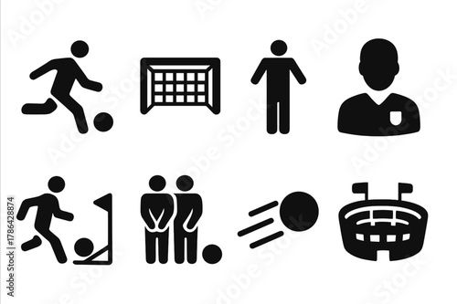 Football Icon Set. Match scenario. Filled icon set of match scenario: player shooting, goalpost, defender,