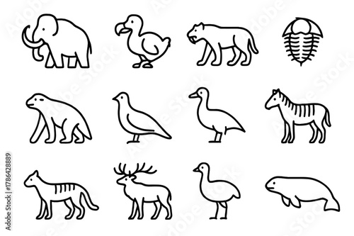 Extinct Animal Icons. Extinct species. Line outline icon set of extinct animals: woolly mammoth, dodo bird,