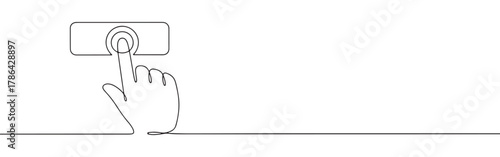 A continuous line art depiction of a human hand pressing or interacting with a rectangular button or touch screen, isolated on a white background