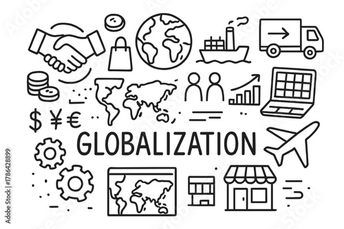 Global Economy Doodle. Globalization. Hand-drawn doodle illustration of globalization and local economies.