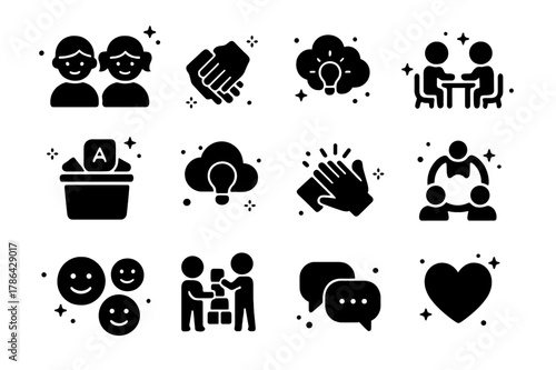 Collaborative Play Icons. Collaborative Play. Solid icons set of Collaborative Play: two children, teamwork hands, shared table, bucket of blocks, idea cloud,
