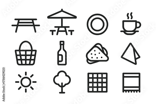 Al Fresco Icons. Al fresco dining. Line outline icon set of al fresco dining: table, bench, umbrella, plate,