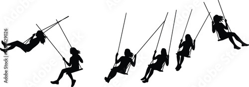 Children swinging in silhouette, playful motion, pendulum physics, outdoor fun, childhood energy, minimalist style, black and white illustration, dynamic pose