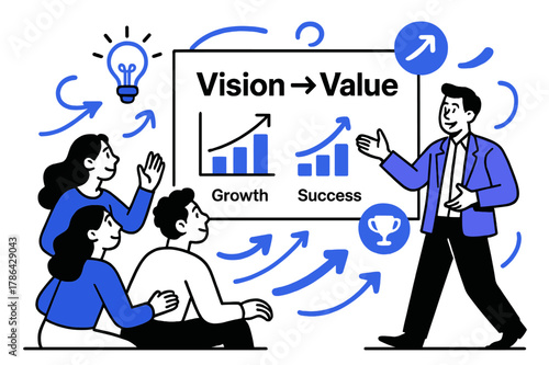 Dynamic Business Presentation. Developing a Business Pitch Deck. A presenter gestures toward clean slides featuring graphs and key phrases; a large title reads