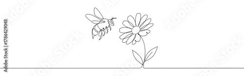 A continuous line art depiction of a busy bee flying towards a blooming flower, illustrating the natural process of pollination and ecosystem, isolated on a white background