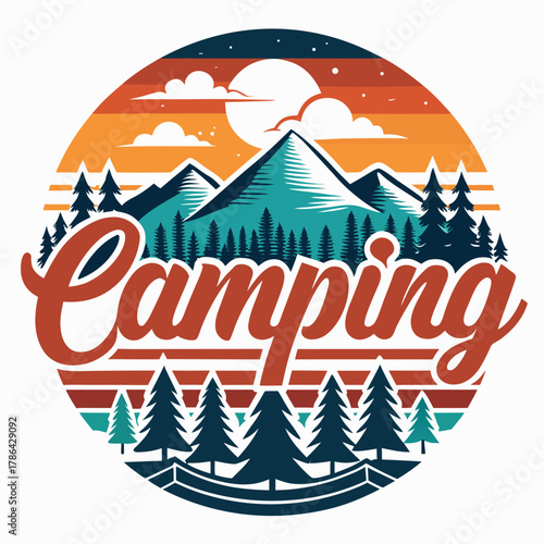 Retro Camping Mountain Landscape Circle Logo nature