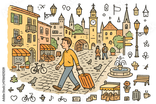 Historic City Stroll. Historic city stroll. Hand-drawn doodle illustration person walking (colored), cobblestone street (colored), historic buildings