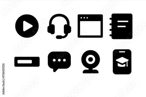 Online Learning Icons. Online learning. Filled icon set of online learning: video play button, headset,