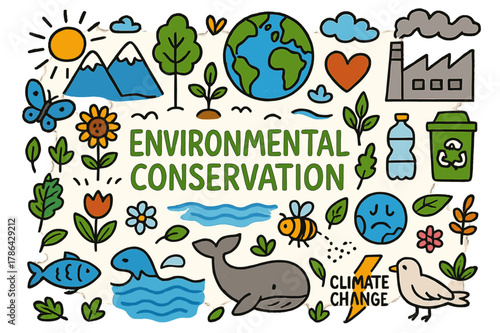 Colorful Conservation Doodle. Environmental Conservation. Colorful Hand-drawn doodle Children illustration Environmental Conservation, trees, plants, flowers,