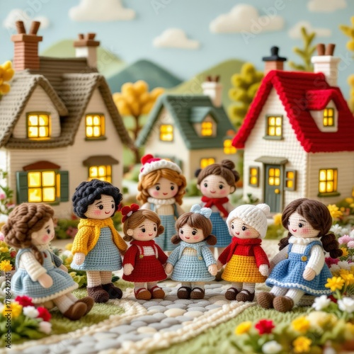 Children playing in the snow in a winter village. 