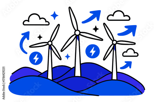 Renewable Energy Landscape. Rolling hills. Wind turbines on rolling hills with abstract floating arrows, clouds, and sparkles; conveys renewable energy,