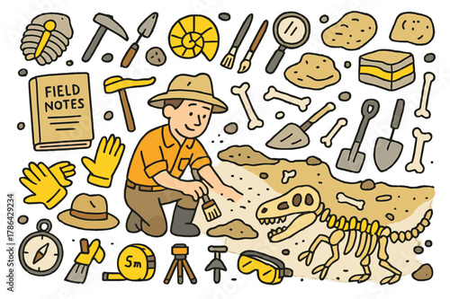 Dinosaur Excavation Doodle. Fossil discovery. Hand-drawn doodle illustration paleontologist (colored), dinosaur skeleton (colored), fossils