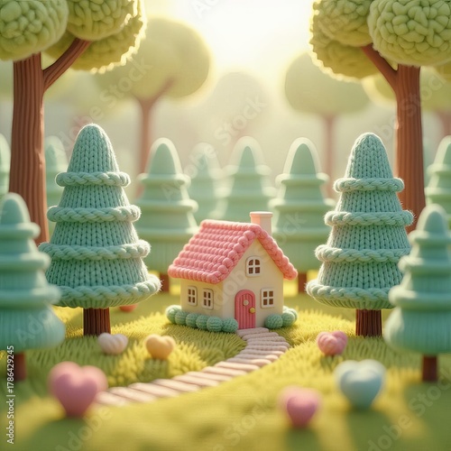 Beautiful handmade toy houses in the forest. Decorated with flowers.