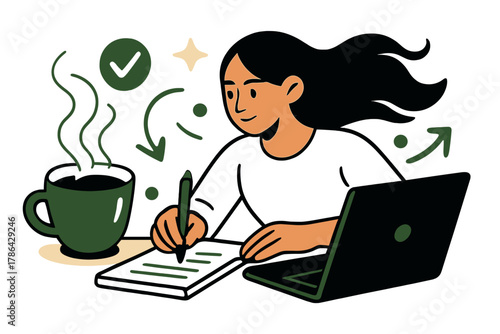 Coffee and Focus. Coffee and focus. A steaming cup of coffee beside a laptop and notepad, with soft glowing